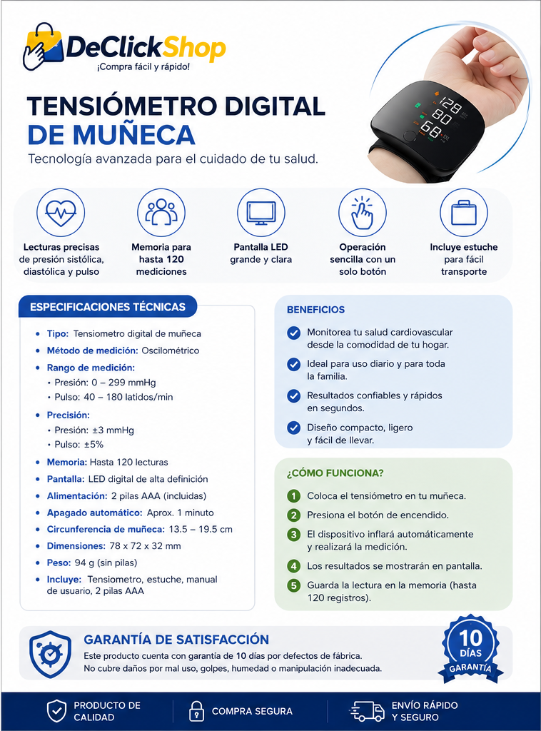 Tensiómetro Digital de Muñeca Portátil – Monitor de Presión Arterial con Pantalla LED