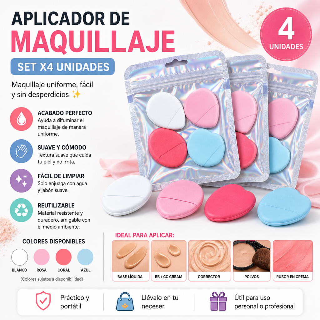 Aplicadores de Maquillaje x4 – Difuminado Suave para Base, Corrector y Rubor