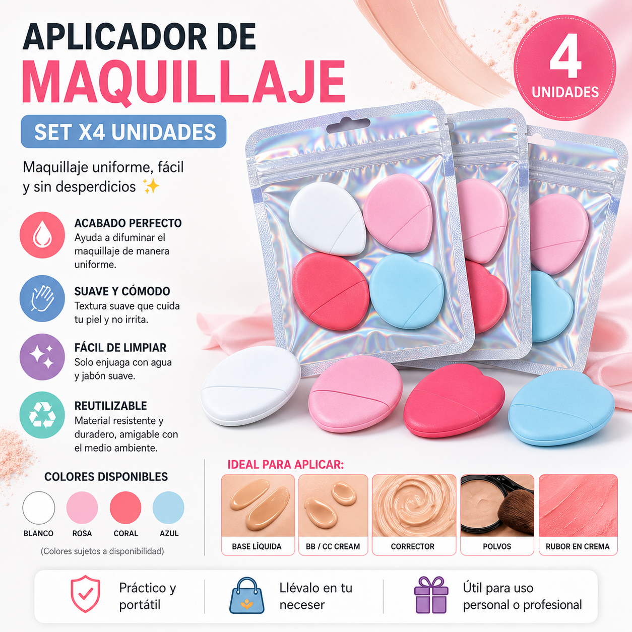 Aplicadores de Maquillaje x4 – Difuminado Suave para Base, Corrector y Rubor
