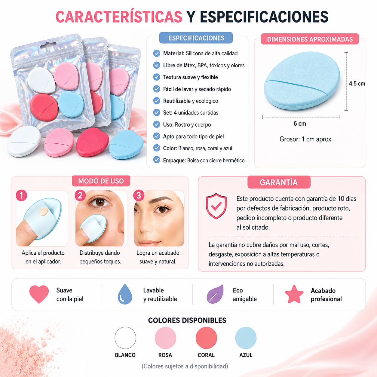 Aplicadores de Maquillaje x4 – Difuminado Suave para Base, Corrector y Rubor