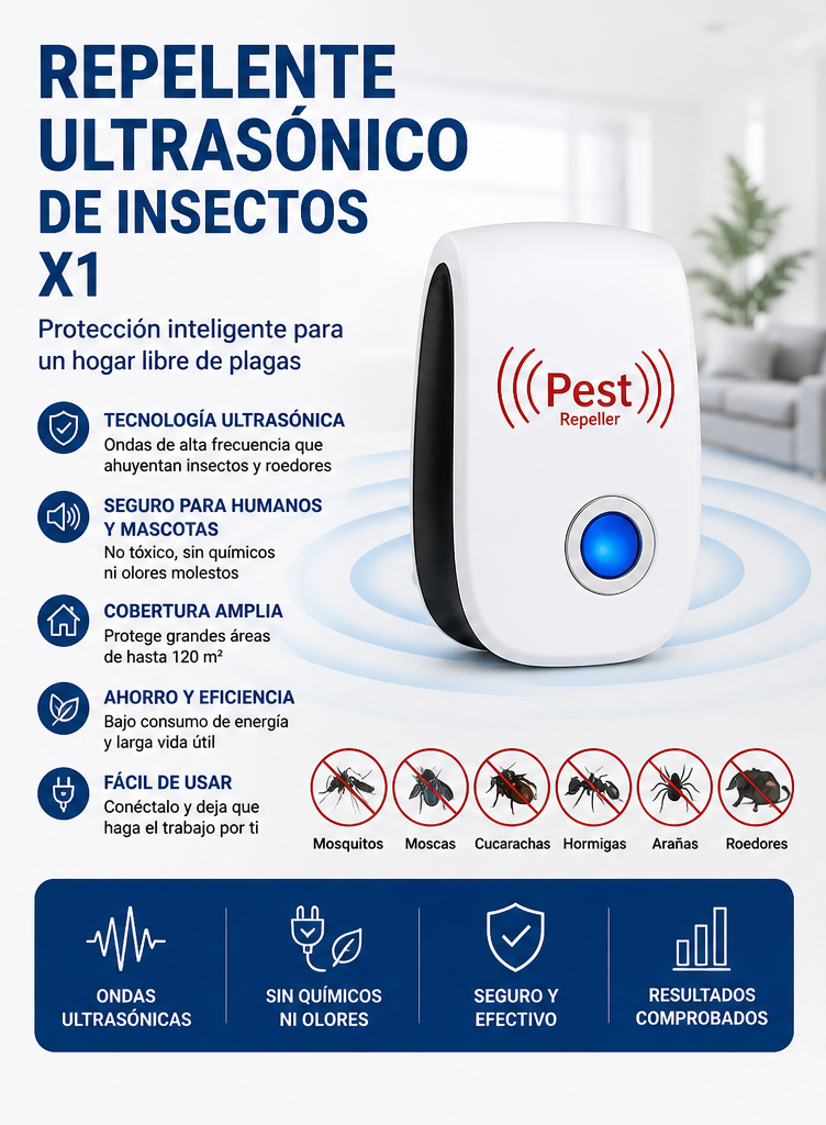 Repelente Ultrasónico de Insectos y Roedores X1 – Control de Plagas sin Químicos