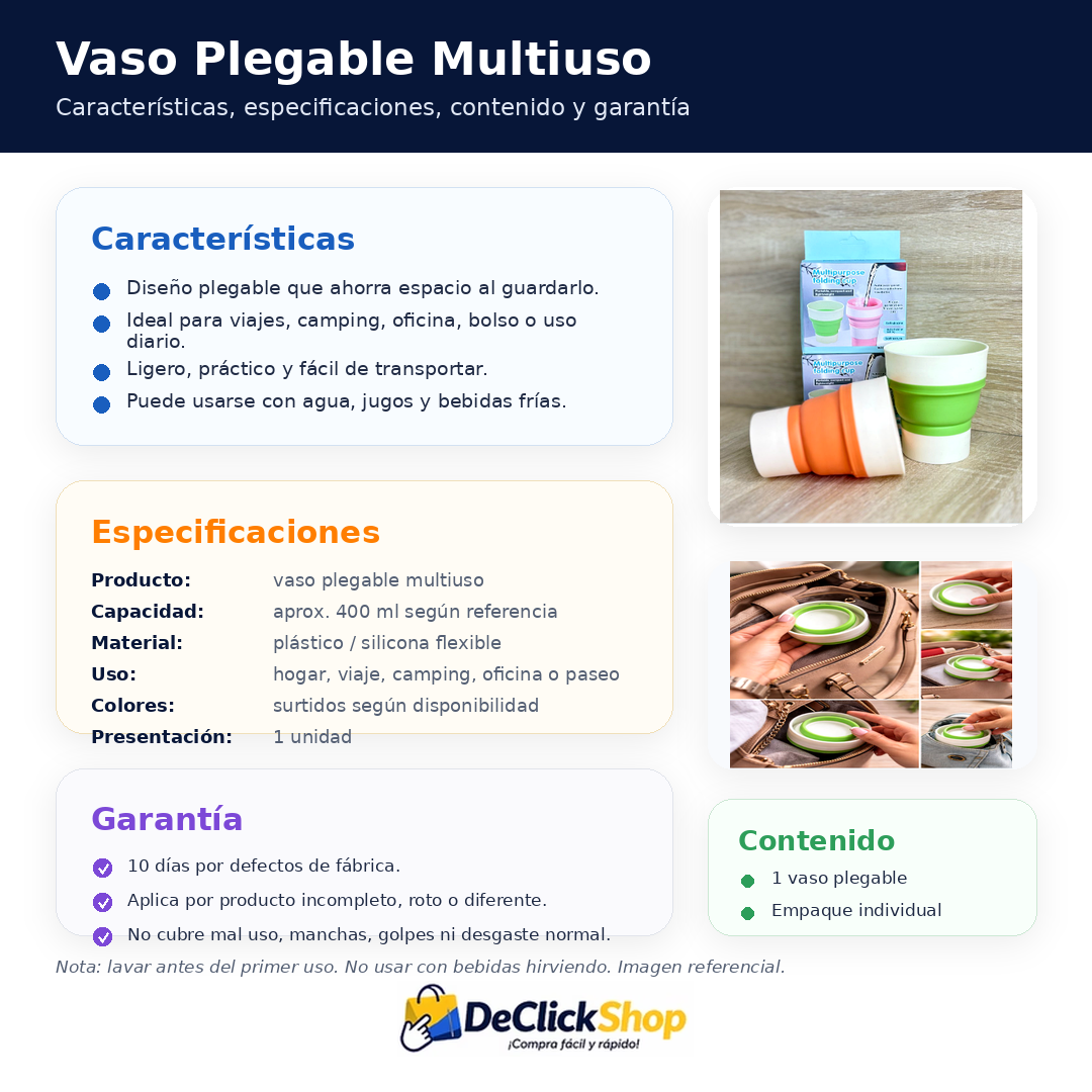 Vaso Plegable Multiuso Portátil – Ideal para Viaje, Camping y Hogar