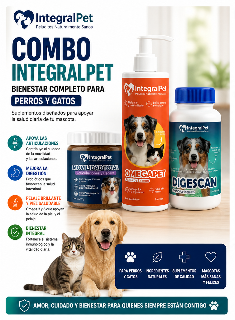 Combo IntegralPet para Perros y Gatos | Movilidad, Digestión y Omega con Aceite de Salmón