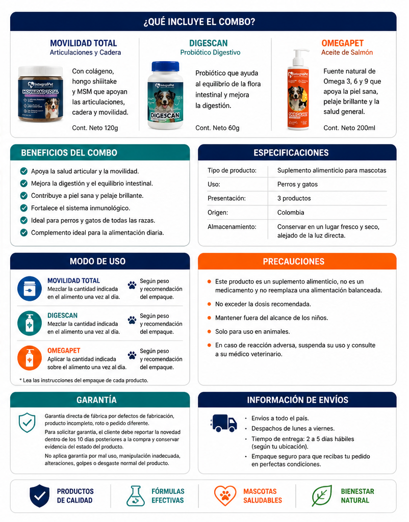 Combo IntegralPet para Perros y Gatos | Movilidad, Digestión y Omega con Aceite de Salmón