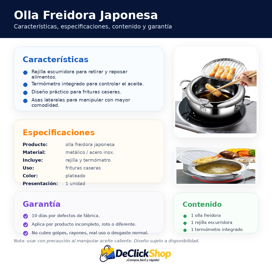 Olla Freidora Japonesa con Rejilla Escurridora y Termómetro Integrado