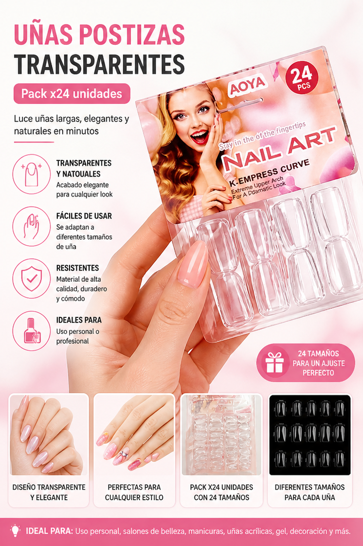 Uñas Postizas Transparentes x24 – Estilo Natural para Decorar y Pintar