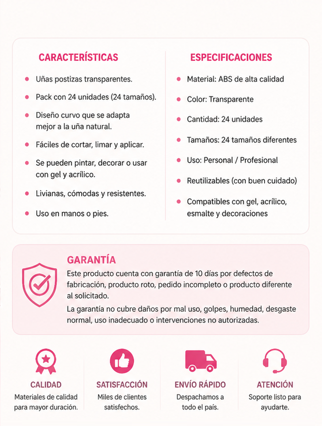 Uñas Postizas Transparentes x24 – Estilo Natural para Decorar y Pintar
