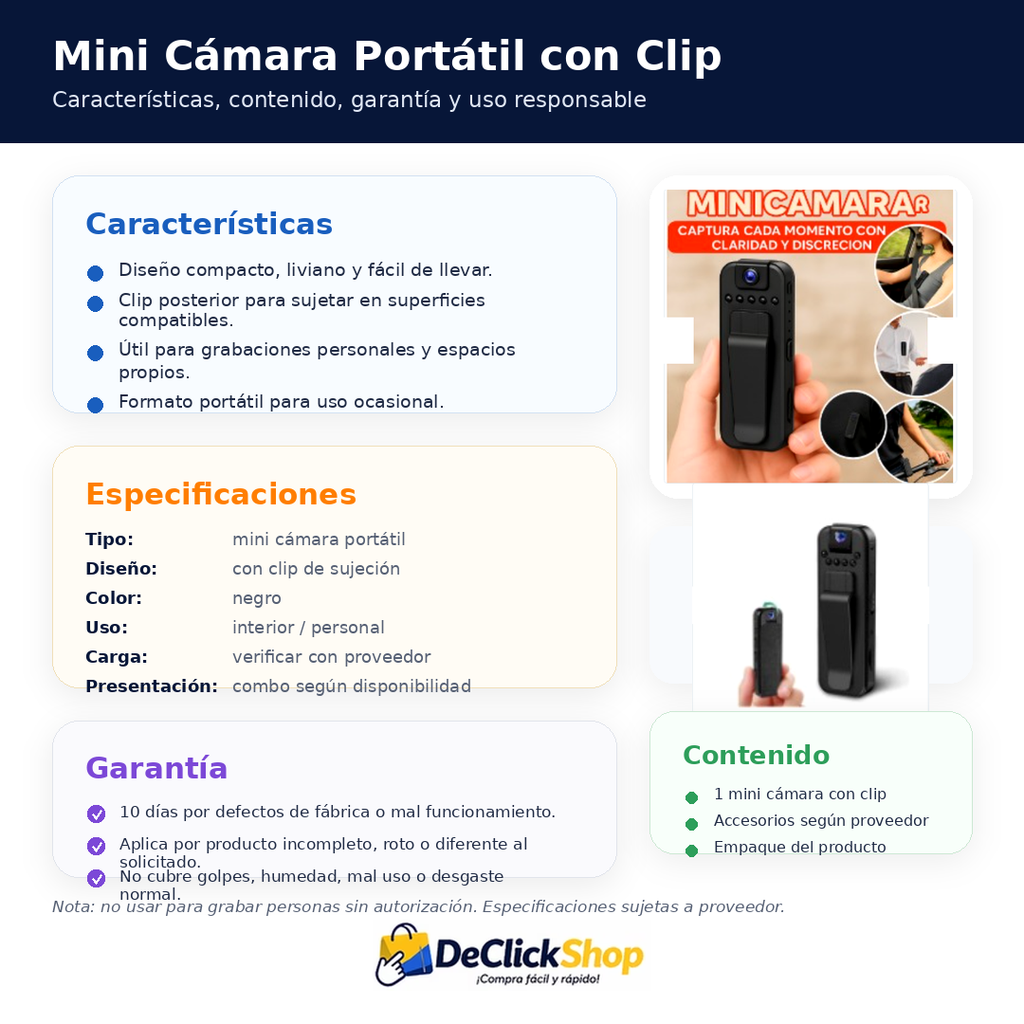 Mini Cámara Portátil con Clip para Grabación Personal y Monitoreo Autorizado