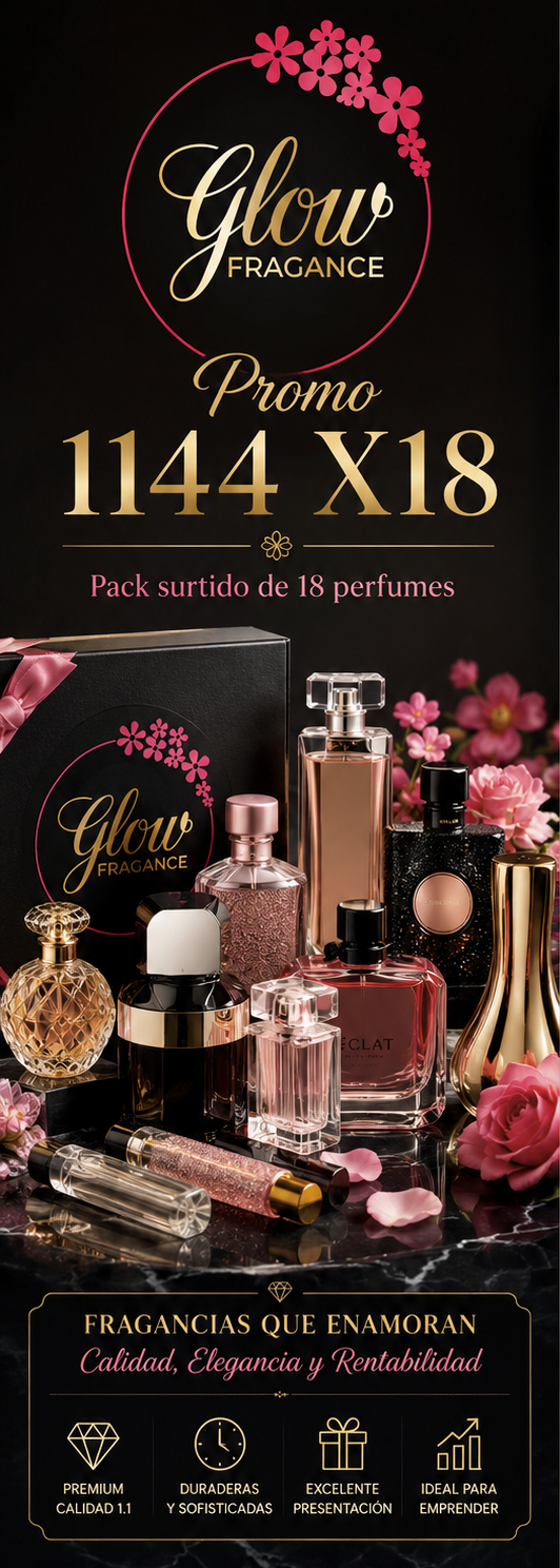 Pack x18 Perfumes Glow Fragance 1144 – Fragancias Surtidas para Hombre y Mujer