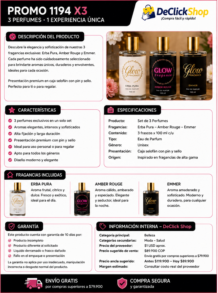 Promo x3 Perfumes Glow Fragance – Erba Pura, Amber Rouge y Emmer