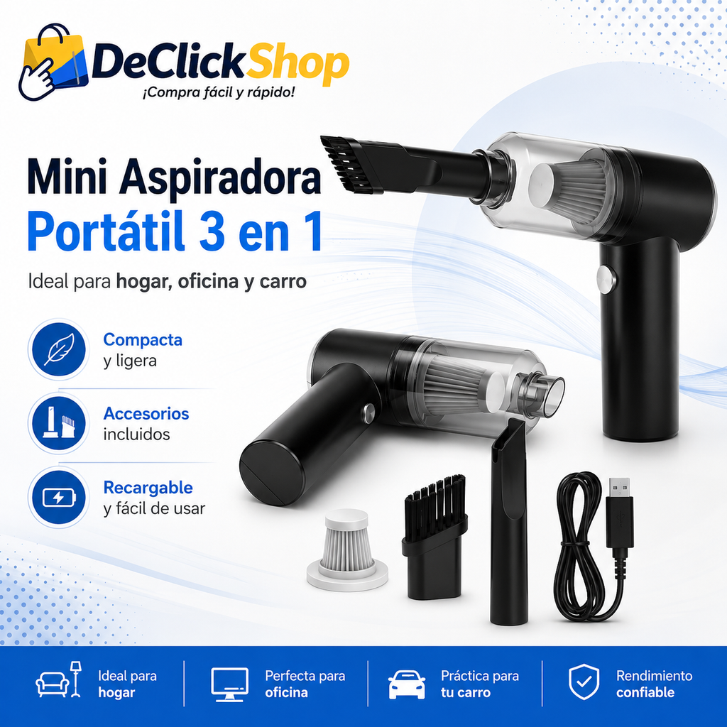 Mini Aspiradora Portátil 3 en 1 Recargable USB para Hogar, Oficina y Carro