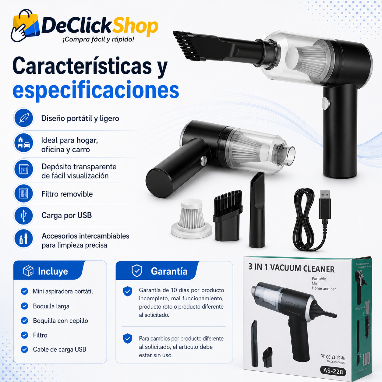Mini Aspiradora Portátil 3 en 1 Recargable USB para Hogar, Oficina y Carro
