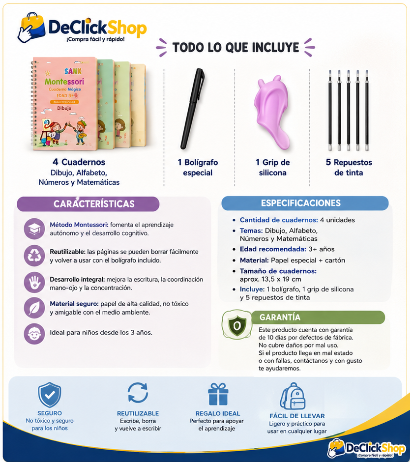 Kit de 4 Cuadernos Mágicos Montessori Reutilizables para Niños + Bolígrafo y Repuestos