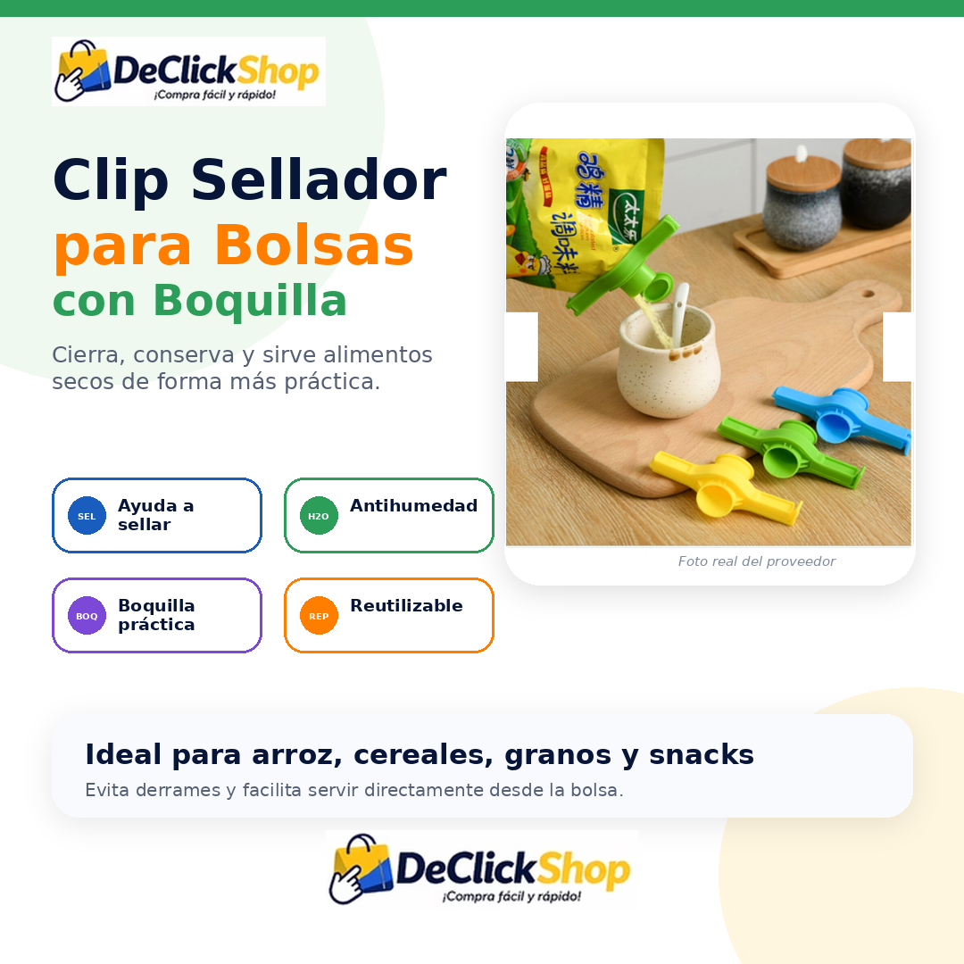 Clip Sellador para Bolsas con Boquilla Dispensadora – Conserva y Sirve Fácil