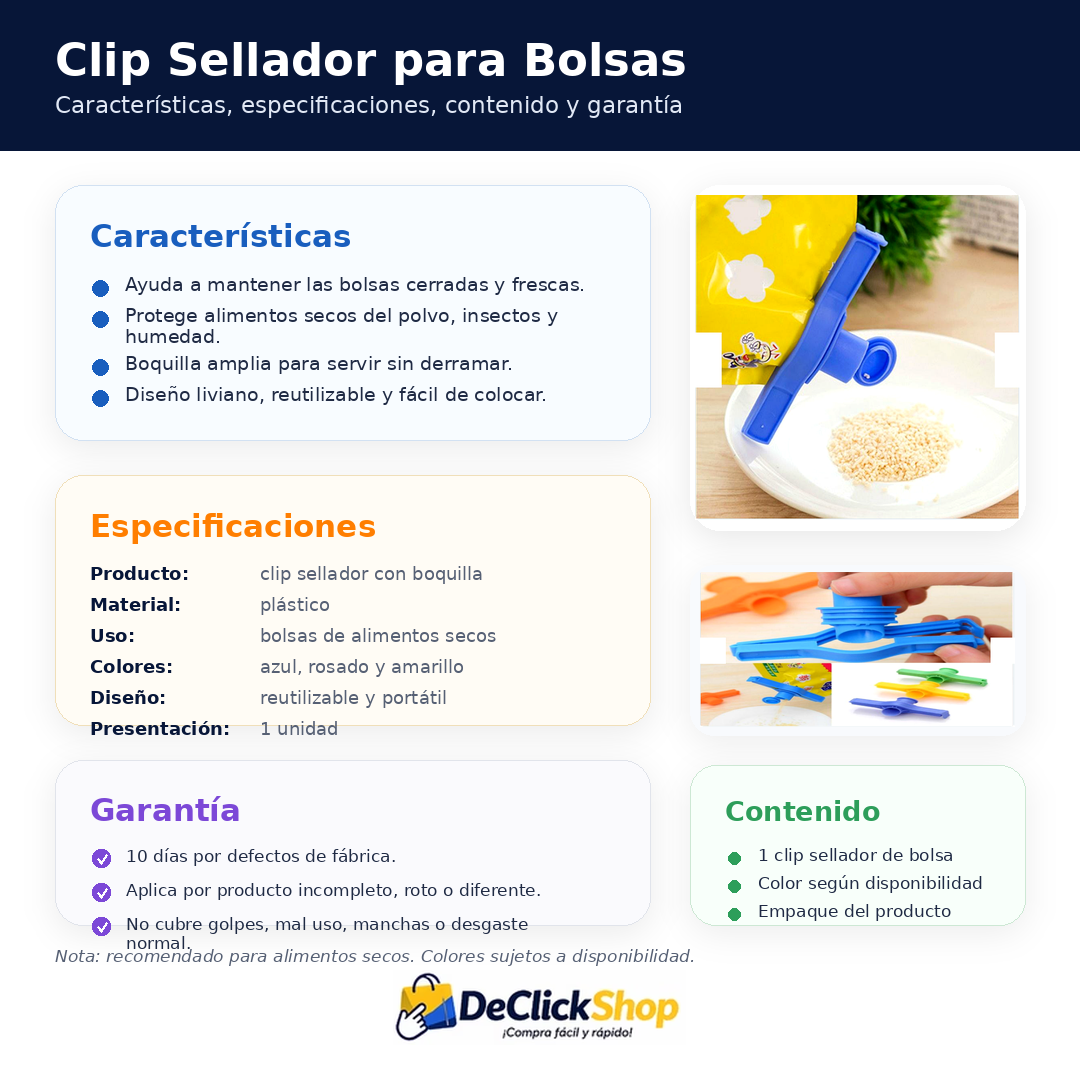 Clip Sellador para Bolsas con Boquilla Dispensadora – Conserva y Sirve Fácil