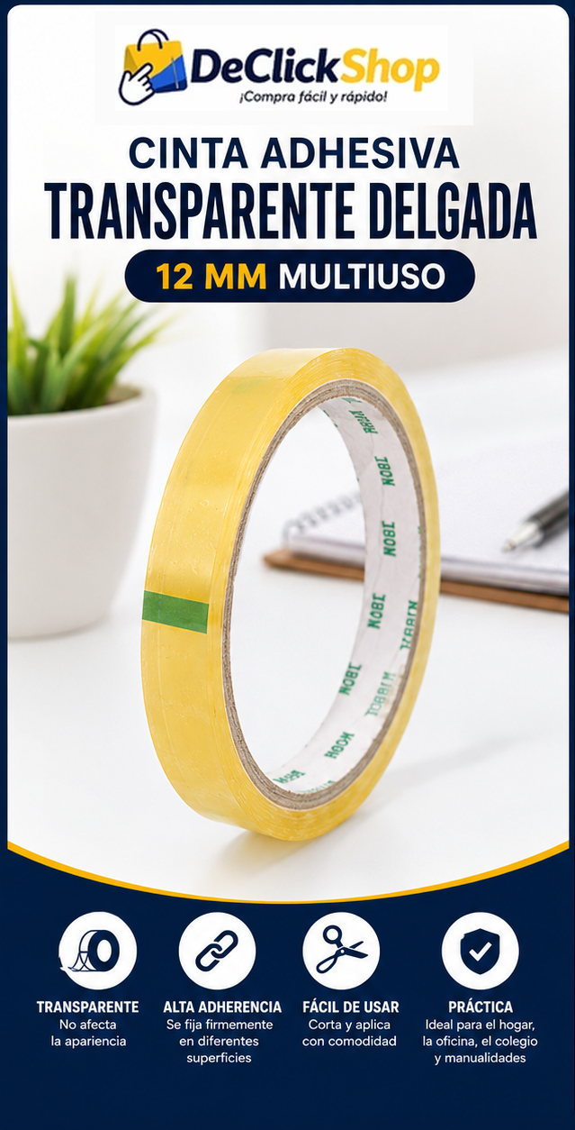 Cinta Adhesiva Transparente Delgada de 12 mm – Multiuso