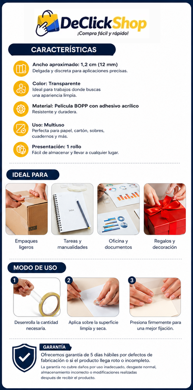 Cinta Adhesiva Transparente Delgada de 12 mm – Multiuso