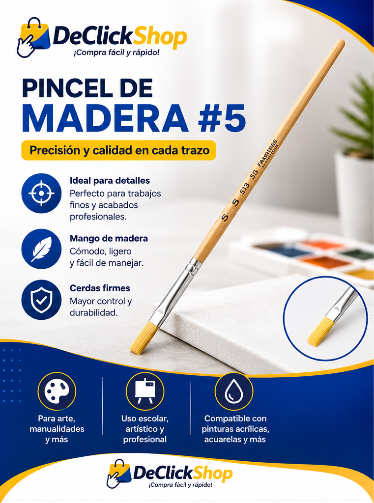 Pincel Plano de Madera N.º 5 para Arte, Pintura y Manualidades