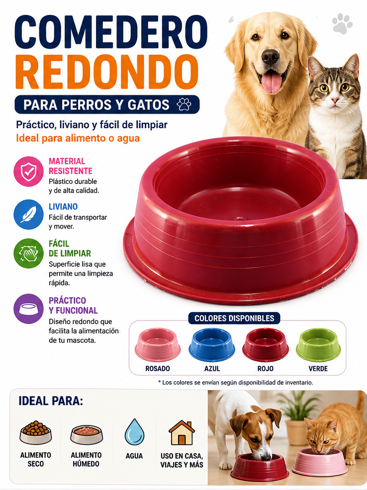 Comedero Redondo Plástico para Perros y Gatos – Liviano, Práctico y Fácil de Limpiar