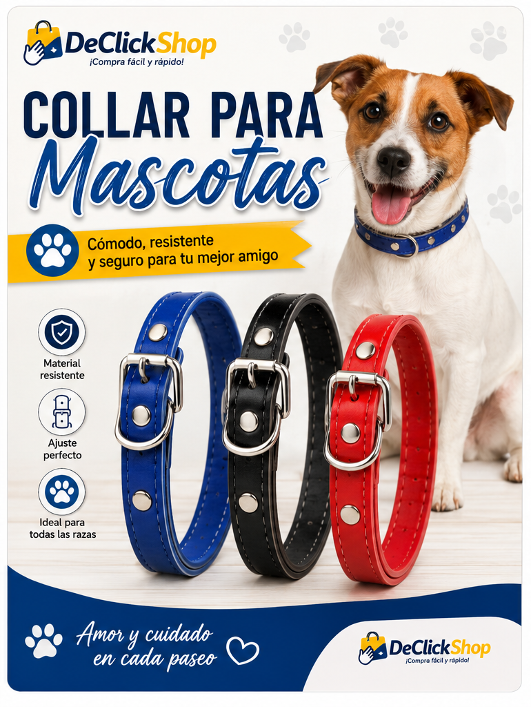 Collar Ajustable para Mascota con Hebilla Metálica – Colores Azul, Negro y Rojo