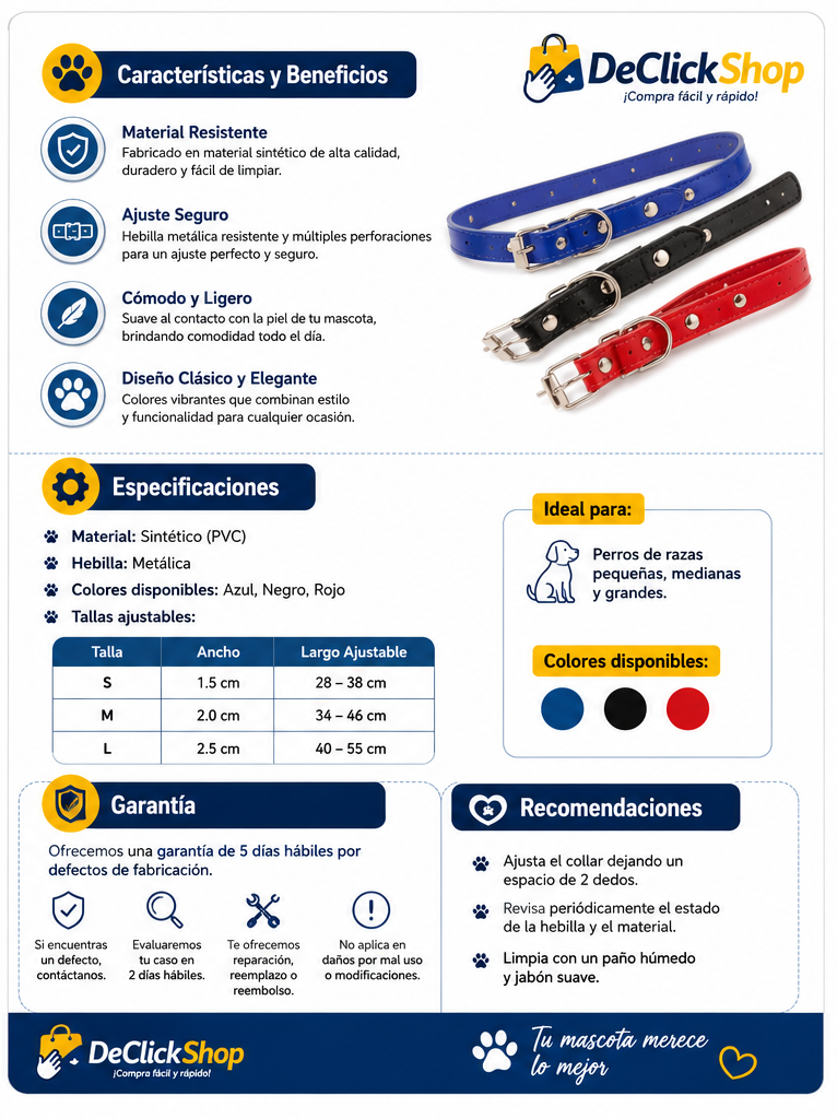 Collar Ajustable para Mascota con Hebilla Metálica – Colores Azul, Negro y Rojo