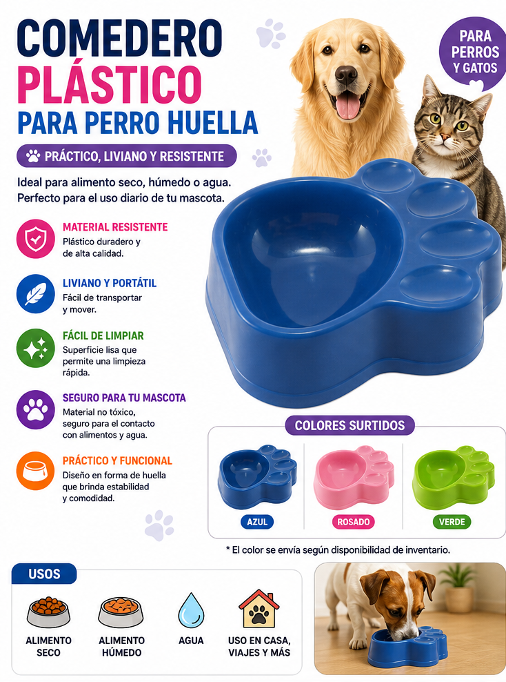 Comedero Plástico en Forma de Huella para Perros y Gatos – Plato para Alimento y Agua