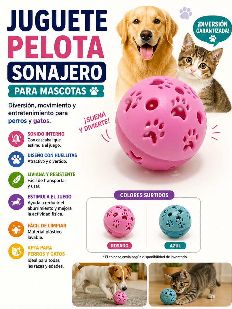 Juguete Pelota Sonajero para Mascotas | Bola Interactiva con Cascabel para Perros y Gatos