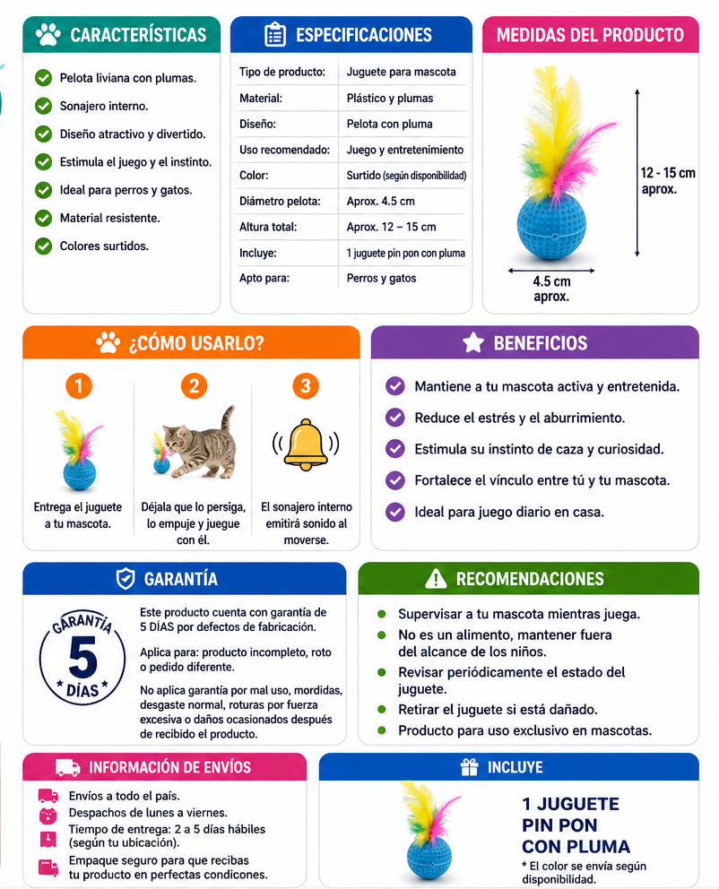 Juguete Pin Pon con Pluma para Mascotas – Pelota Sonajera para Perros y Gatos