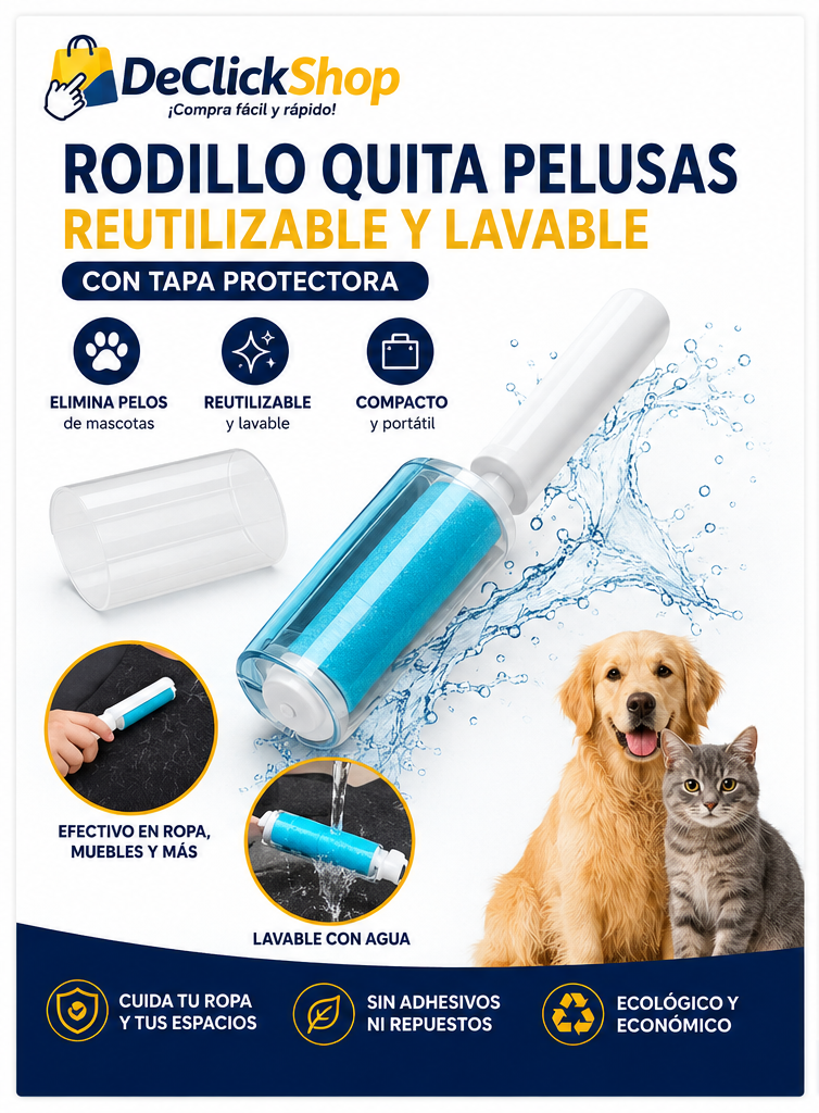 Rodillo Quita Pelusas Portátil Reutilizable y Lavable con Tapa Protectora