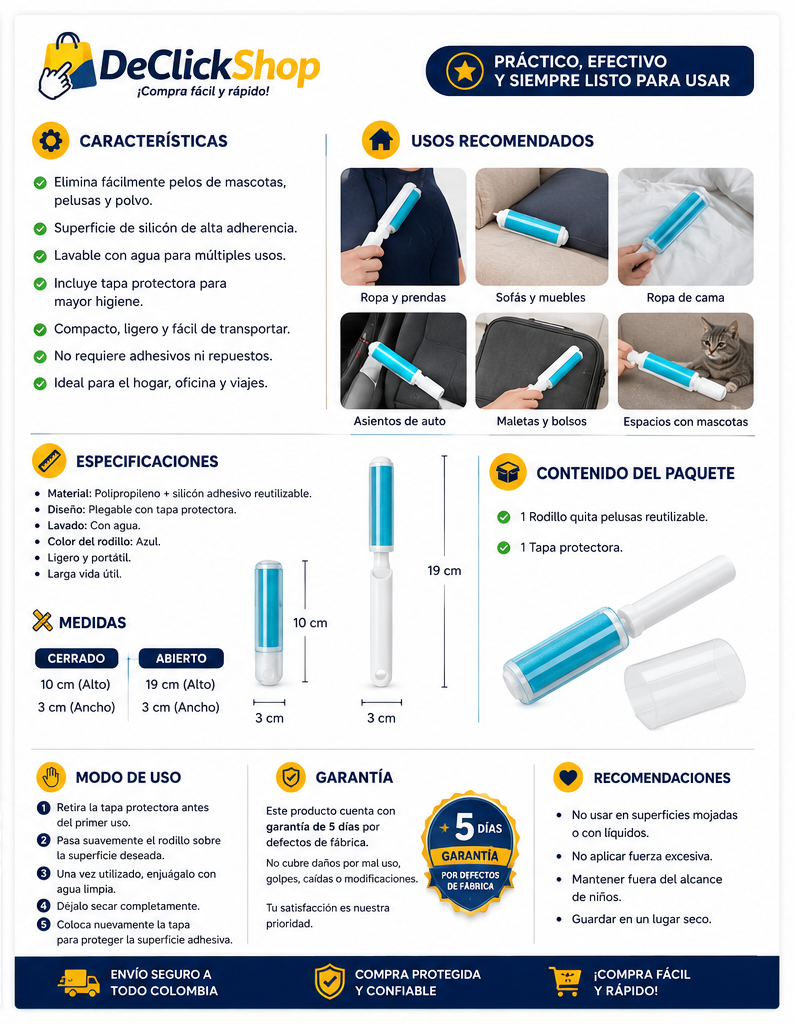 Rodillo Quita Pelusas Portátil Reutilizable y Lavable con Tapa Protectora