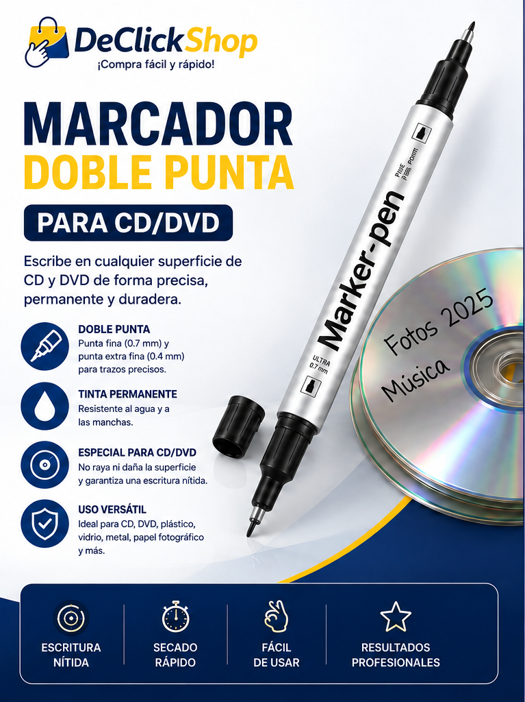 Marcador Doble Punta para CD y DVD – Tinta Negra