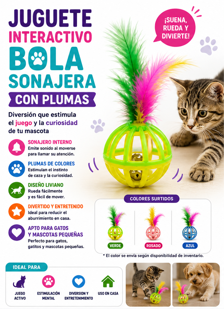 Juguete Interactivo Bola Sonajera con Plumas para Gatos y Mascotas