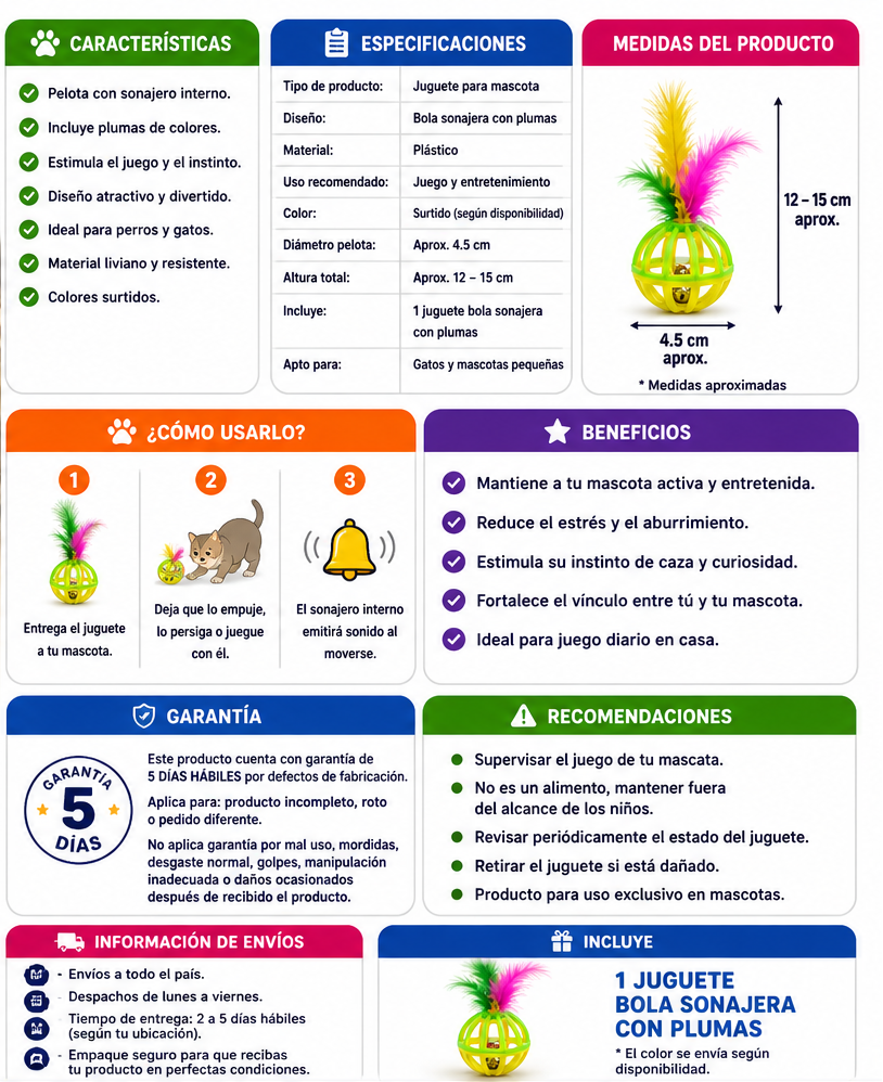 Juguete Interactivo Bola Sonajera con Plumas para Gatos y Mascotas