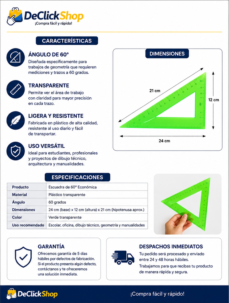 Escuadra Triangular de 60° Transparente para Geometría y Dibujo Técnico
