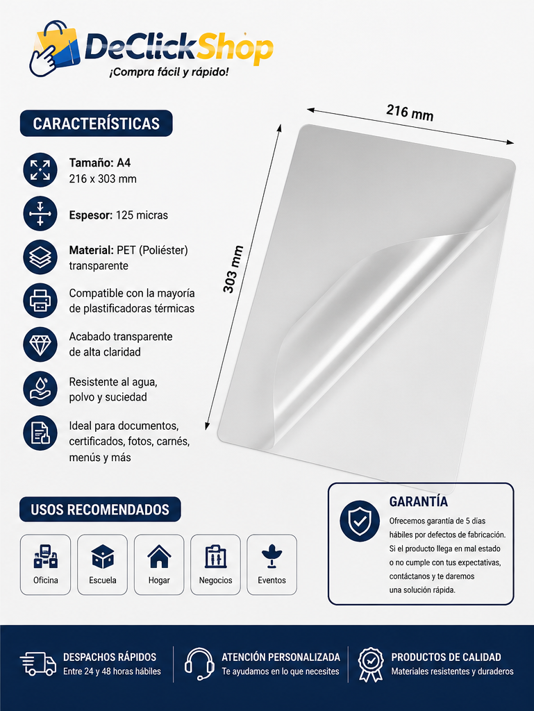 Lámina Térmica A4 para Plastificar Documentos – 125 Micras