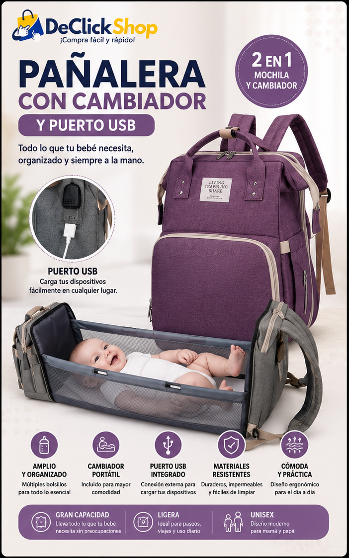 Pañalera Morral Multifuncional 3 en 1 con Cambiador, Cuna Portátil y Puerto USB
