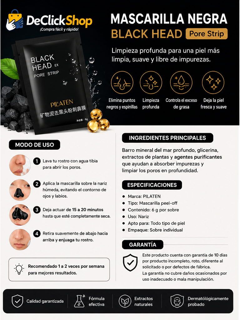 Mascarilla Negra Removedora de Puntos Negros PILATEN – Limpieza Profunda para Nariz