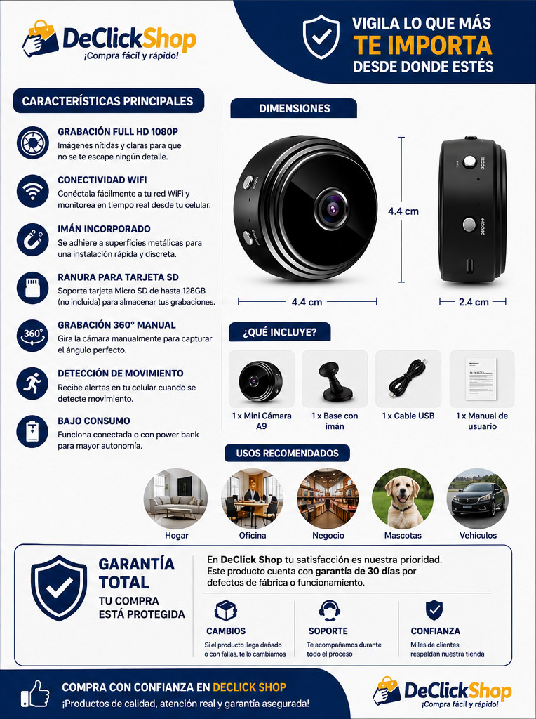 Mini Cámara de Seguridad WiFi A9 Portátil con Imán y Monitoreo desde el Celular