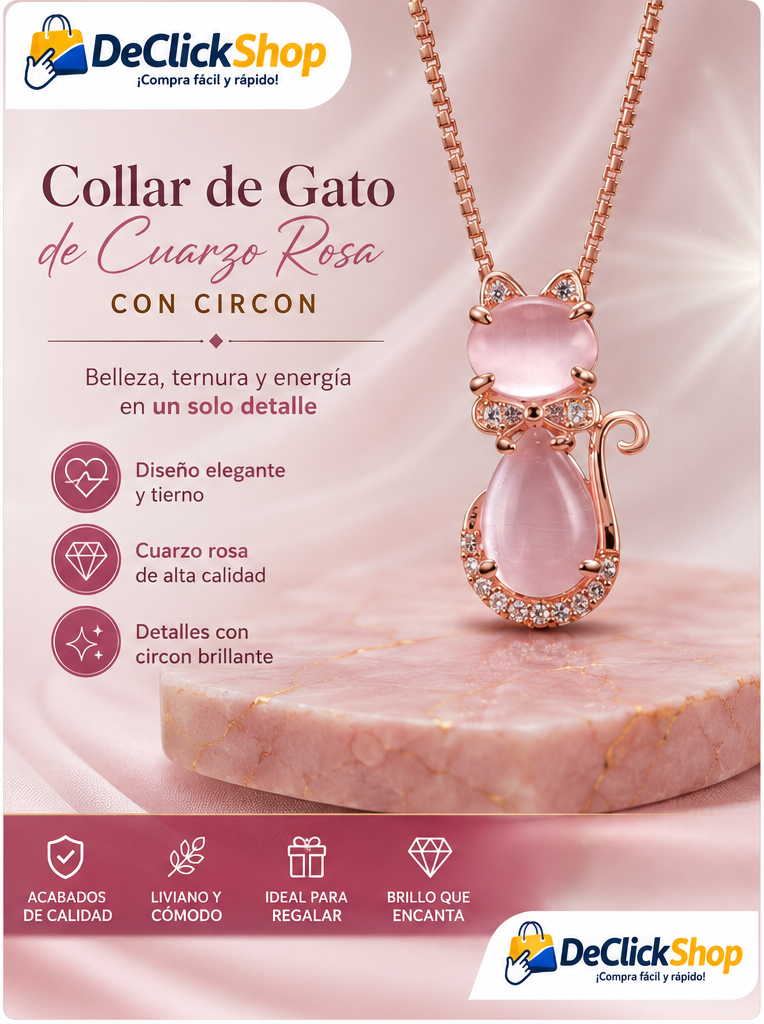 Collar de Gato en Cuarzo Rosa con Circón Brillante – Dije Elegante y Tierno