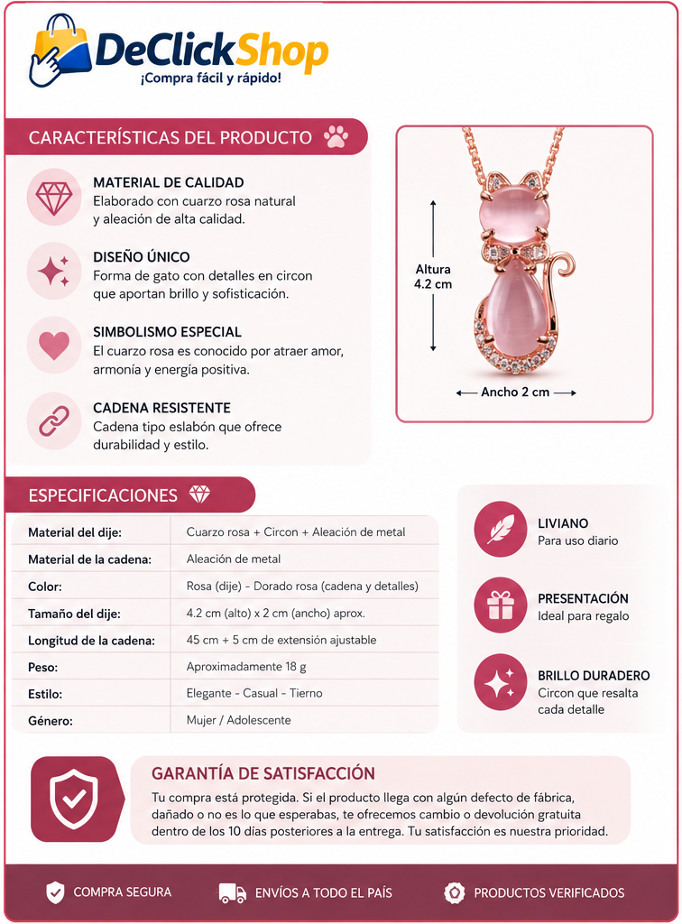 Collar de Gato en Cuarzo Rosa con Circón Brillante – Dije Elegante y Tierno