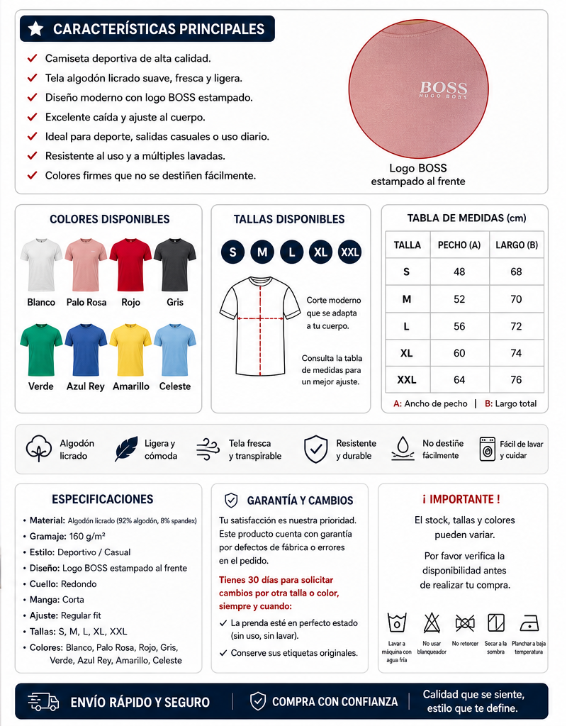 Camiseta Deportiva para Hombre con Estampado BOSS – Algodón Licrado