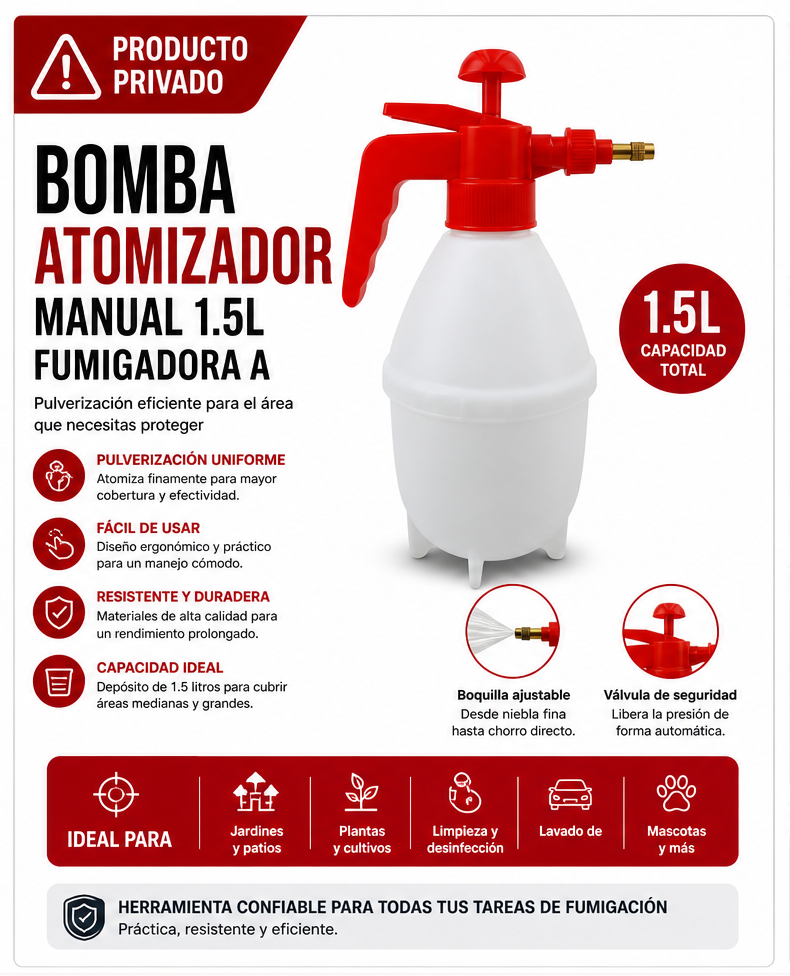 Bomba Atomizadora Manual 1.5L – Pulverizador de Presión para Limpieza, Jardín y Desinfección