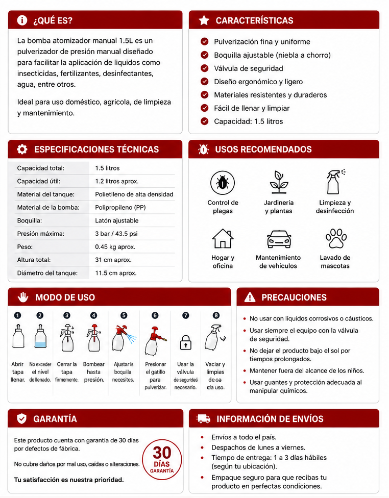 Bomba Atomizadora Manual 1.5L – Pulverizador de Presión para Limpieza, Jardín y Desinfección