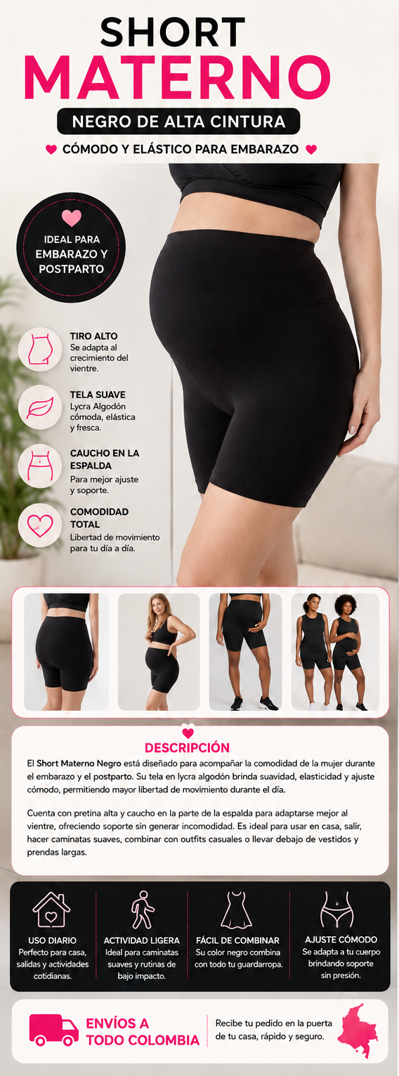 Short Materno Negro de Alta Cintura – Cómodo y Elástico para Embarazo
