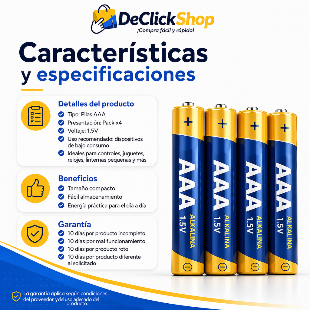Pack de 4 Pilas AAA – Energía Práctica para Controles, Juguetes y Más