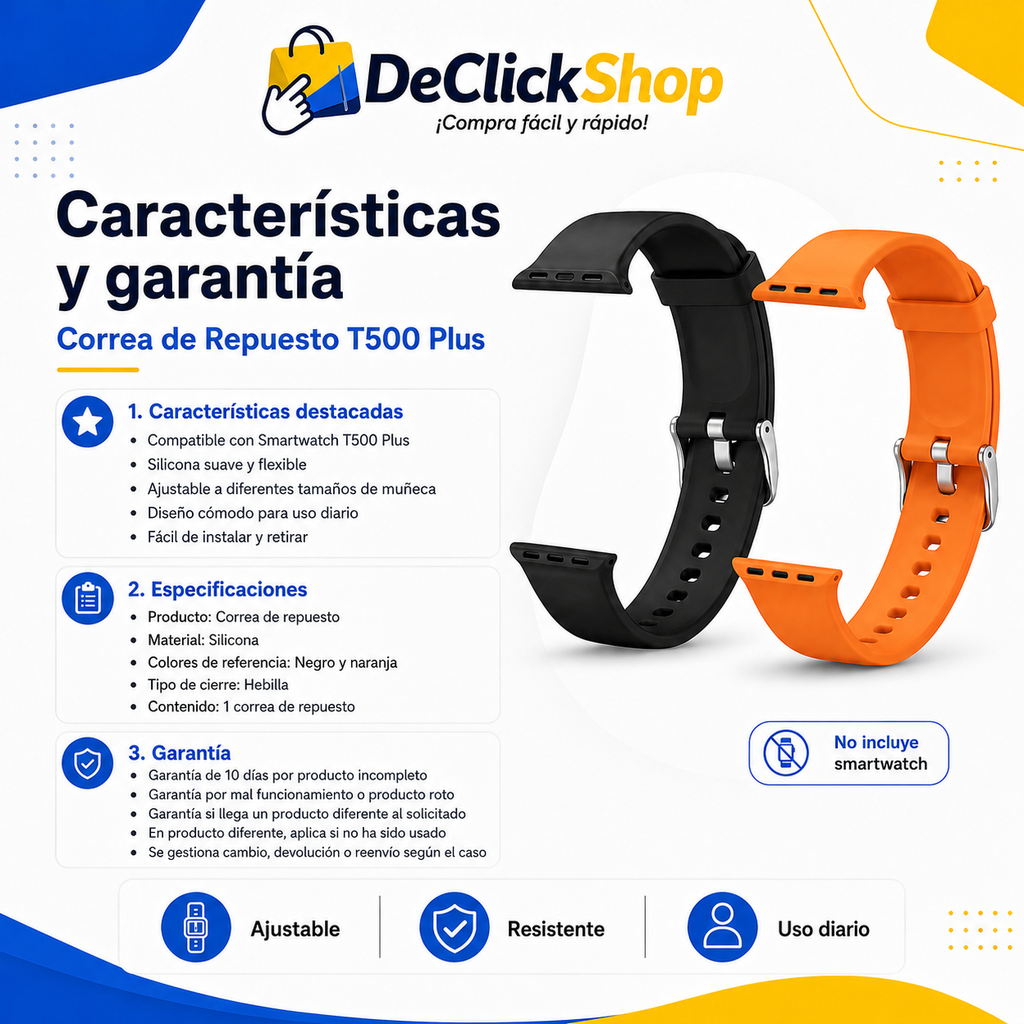 Correa de Repuesto en Silicona para Smartwatch T500 Plus – Cómoda y Ajustable