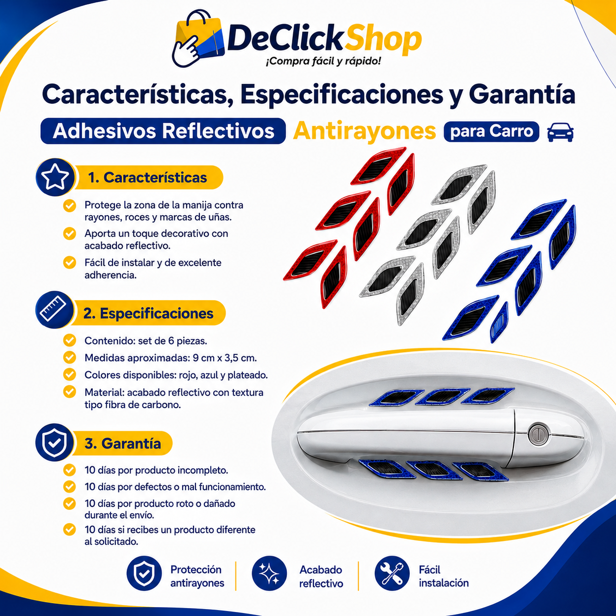 Set de 6 Adhesivos Reflectivos Antirayones para Manijas de Carro