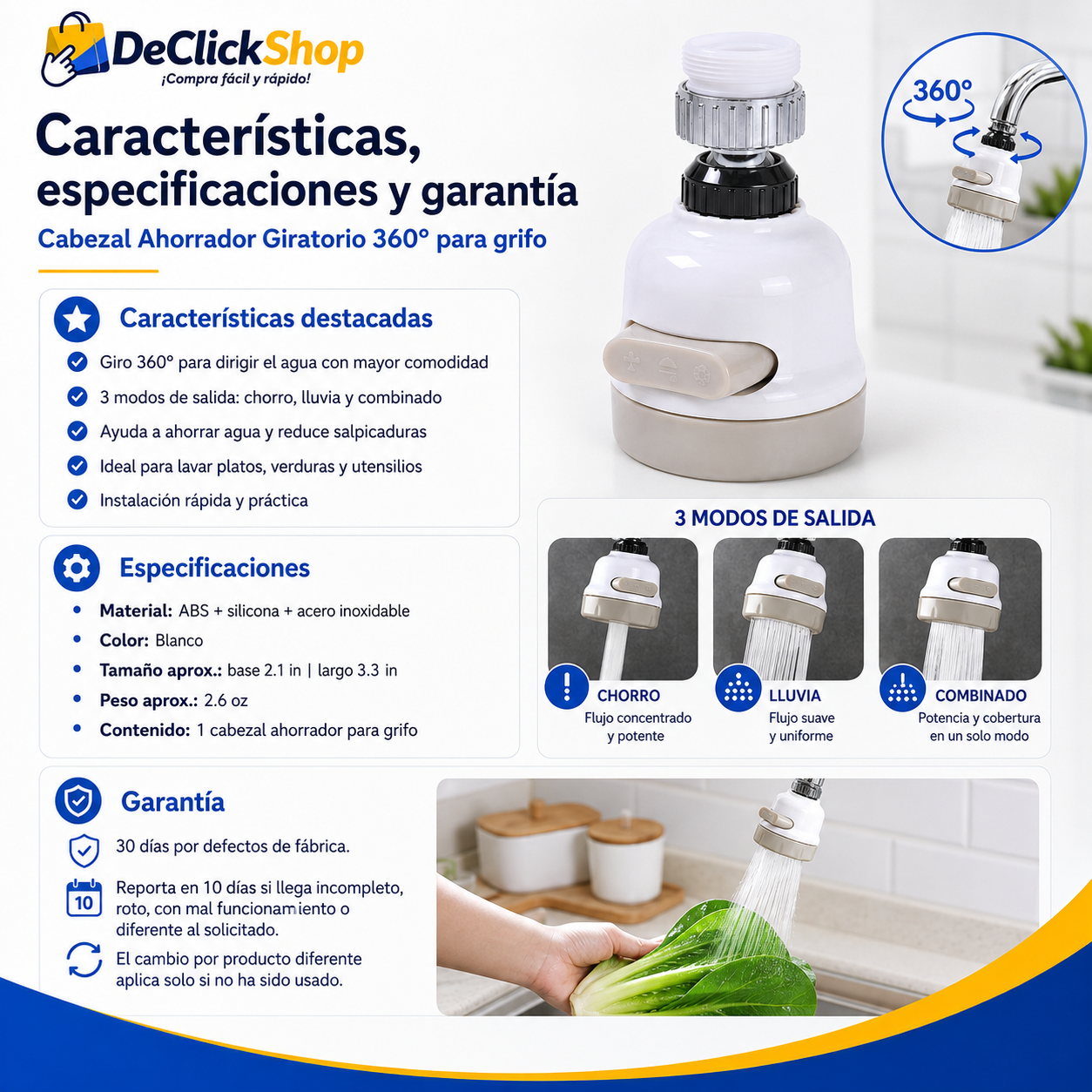 Cabezal Ahorrador Giratorio 360° para Grifo con 3 Modos de Salida