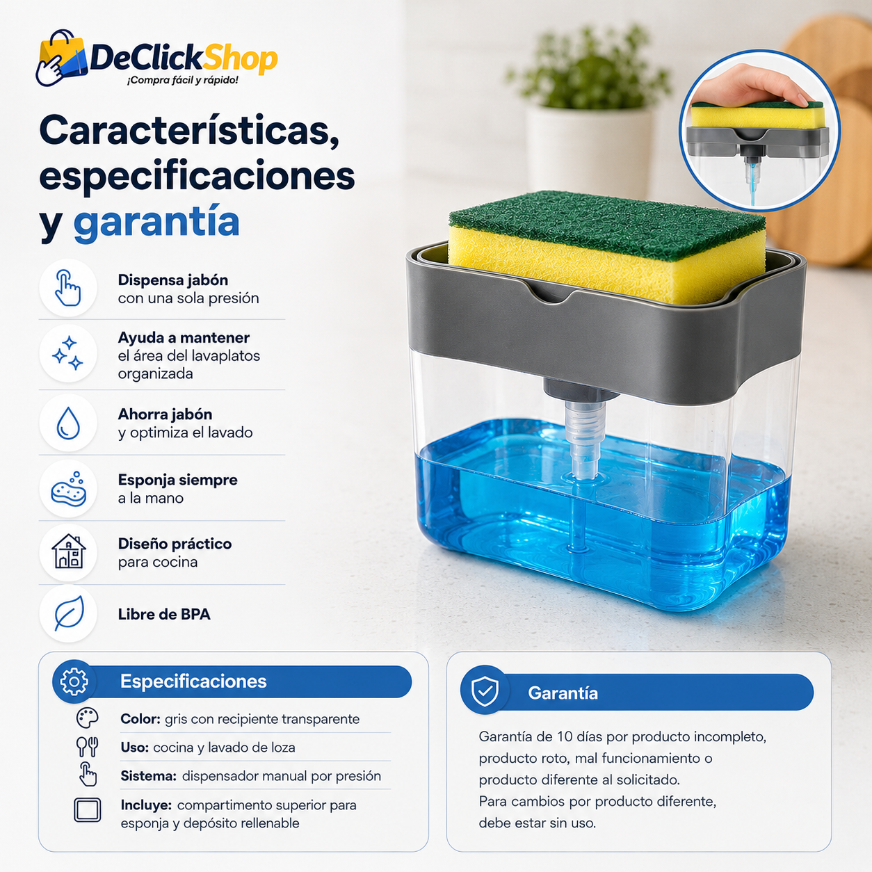 Dispensador de Jabón con Portaesponja de Presión para Cocina