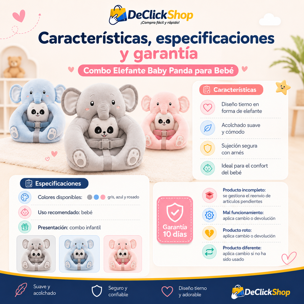 Combo Elefante Baby Panda para Bebé – Silla Acolchada con Diseño Tierno